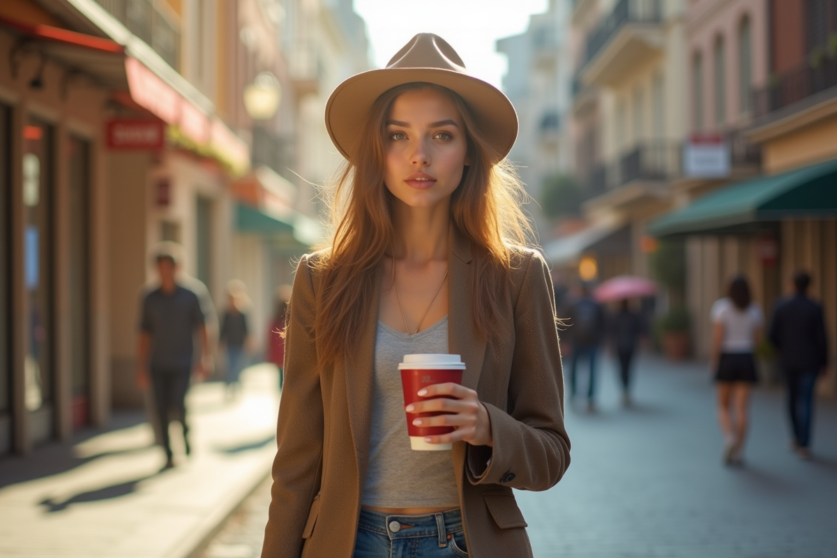 Jeune fille tendance avec chapeau fedora dans une rue urbaine