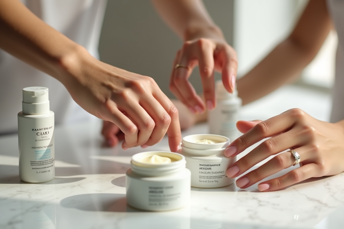 Mains de différentes ethnies appliquant des soins visage haut de gamme