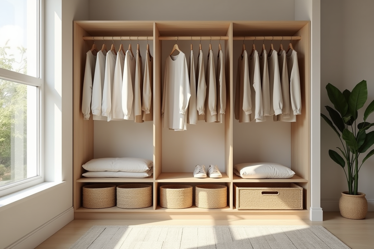Armoire minimaliste avec vêtements durables et éclairage naturel