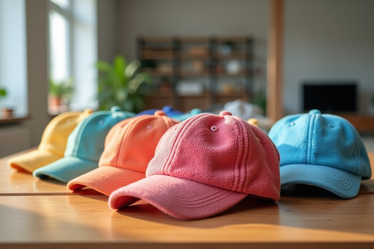 Plusieurs casquettes colorées rangées sur une table en bois dans une maison moderne