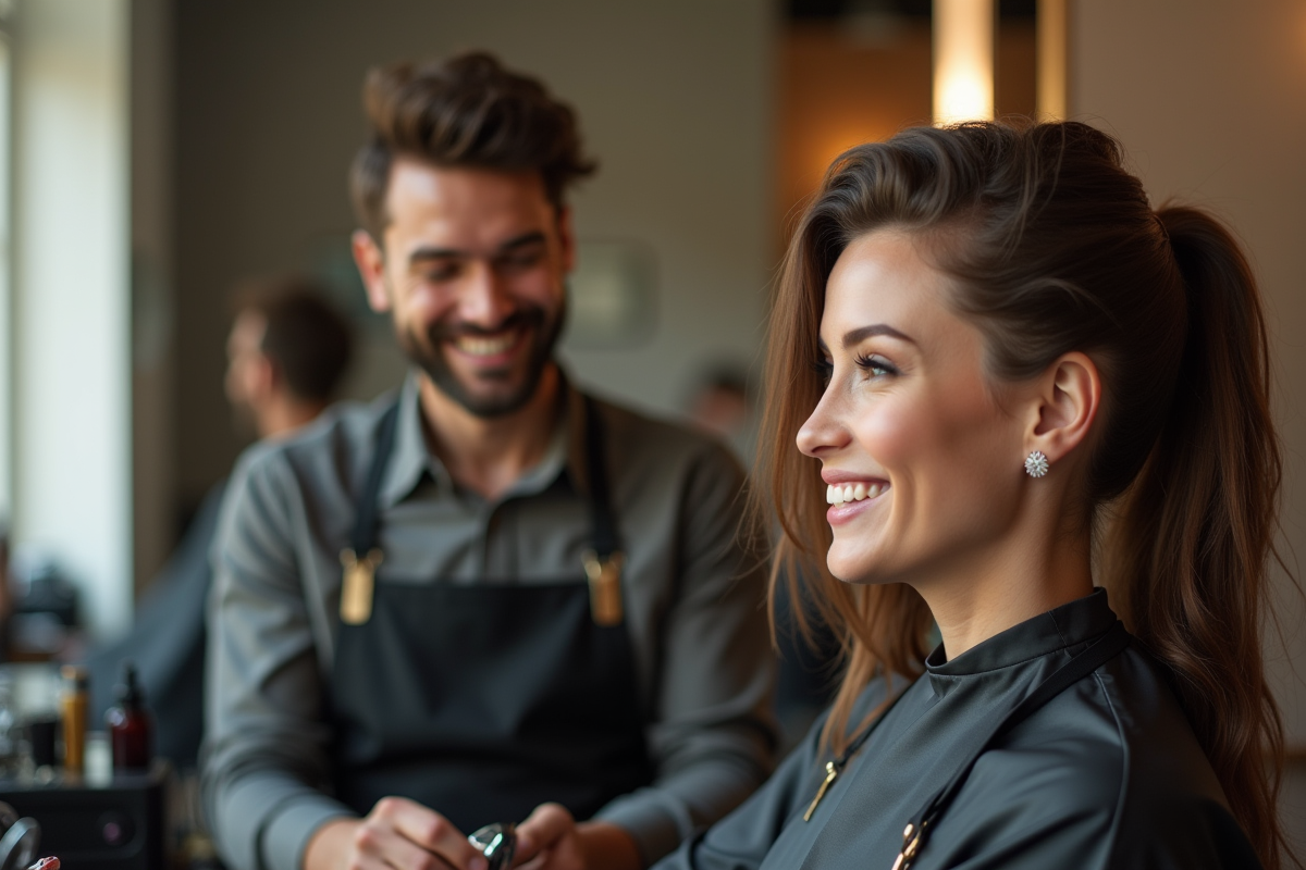 Coiffeur montrant la coupe à une cliente dans un miroir lumineux