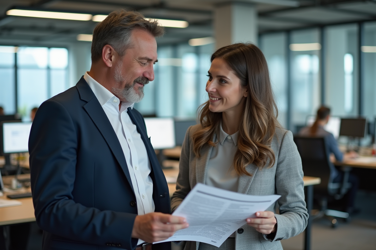 Deux rédacteurs collaborant avec des documents marqués dans un espace de travail ouvert