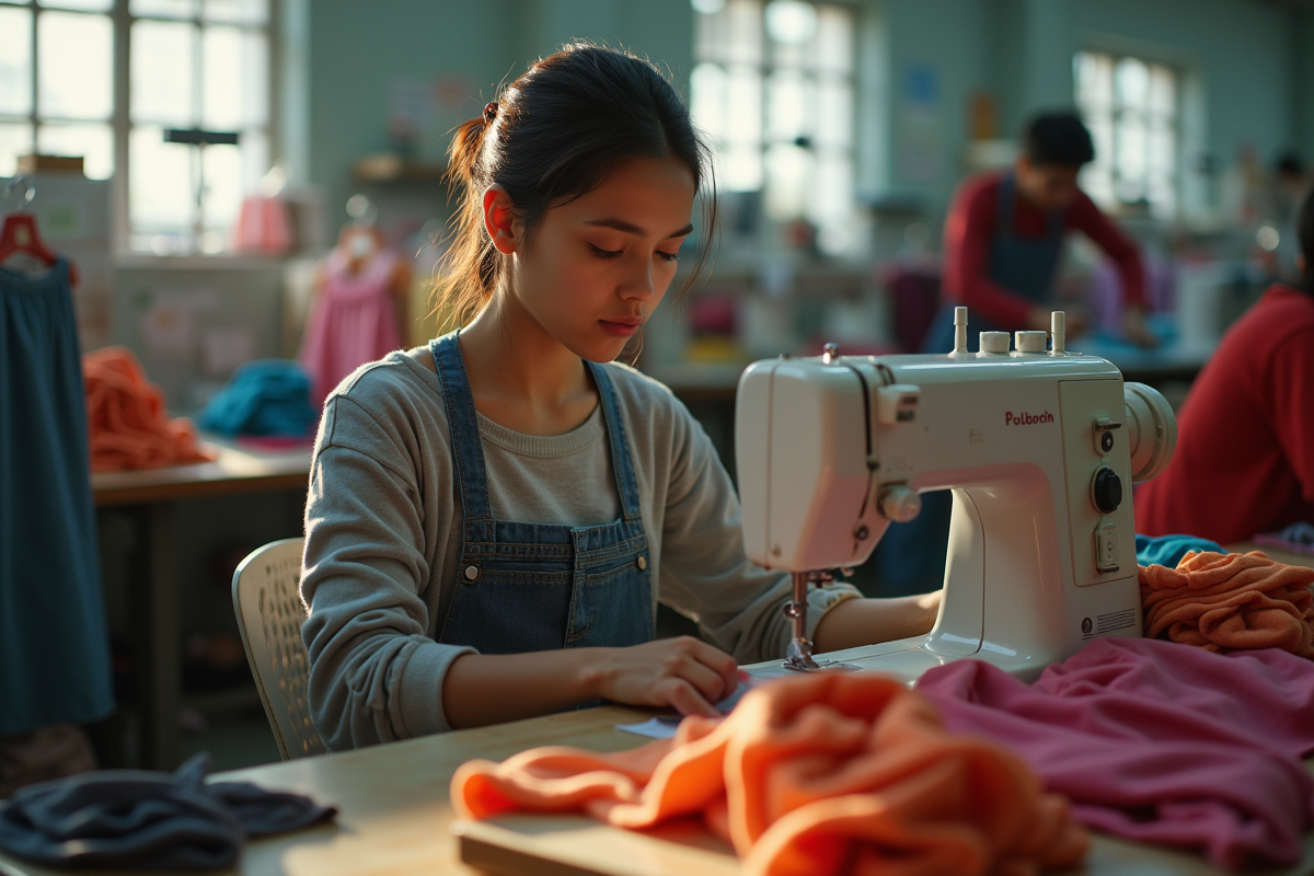 Jeune couturière travaillant à la machine dans un atelier animé