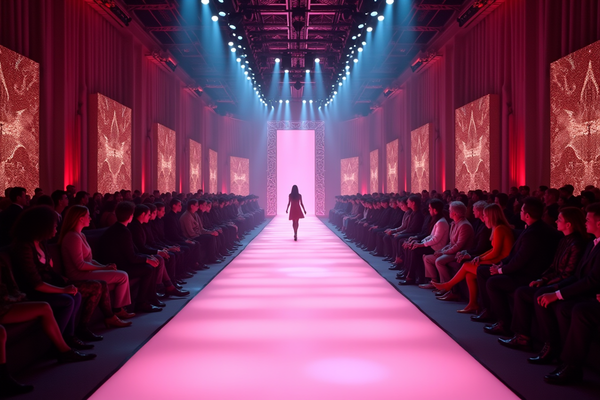 Défilé élégant à la fashion week de New York avec public et éclairages