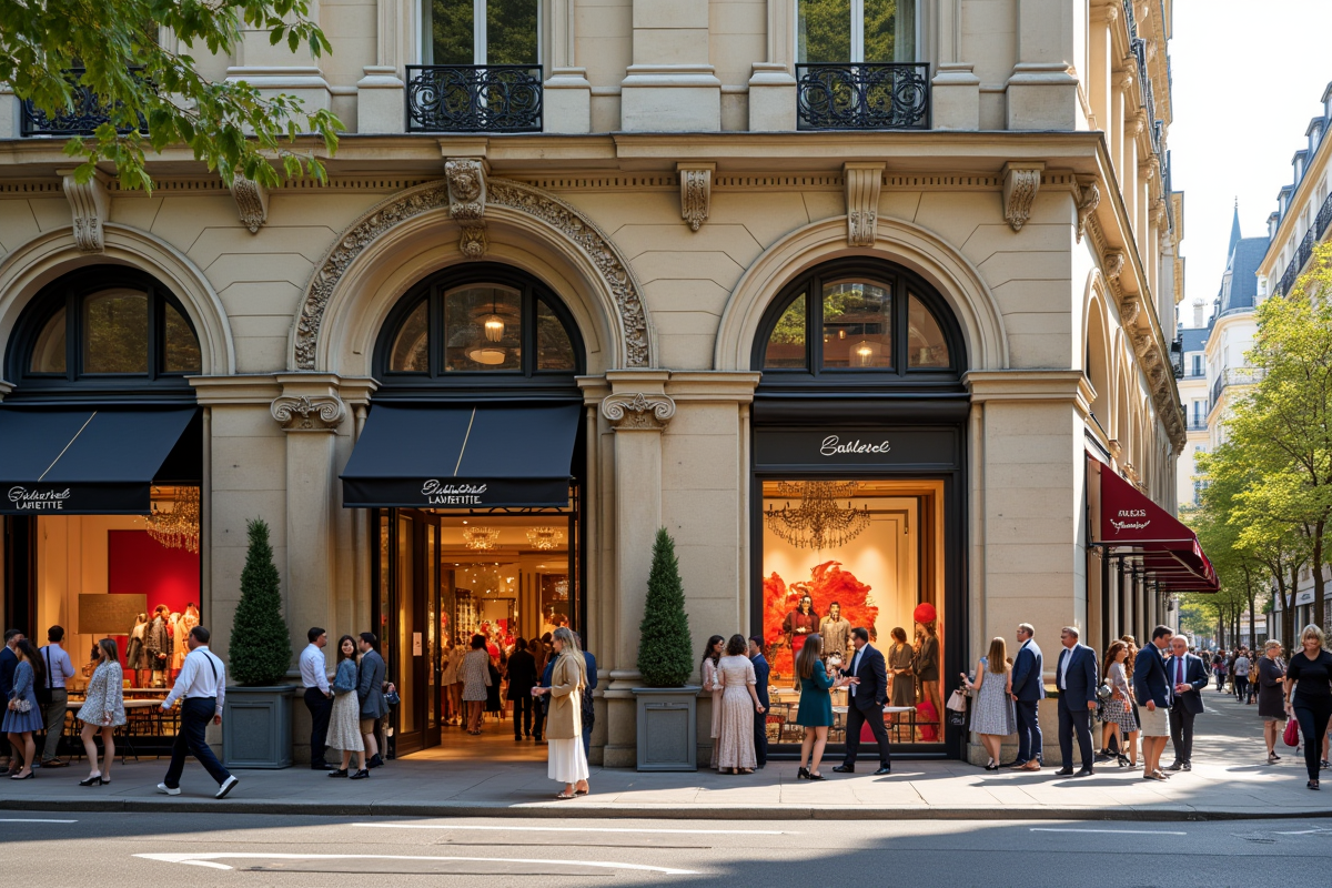 Façade extérieure des Galeries Lafayette avec rue animée parisienne