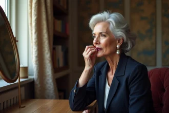 Femme mature se maquillant dans un intérieur parisien élégant