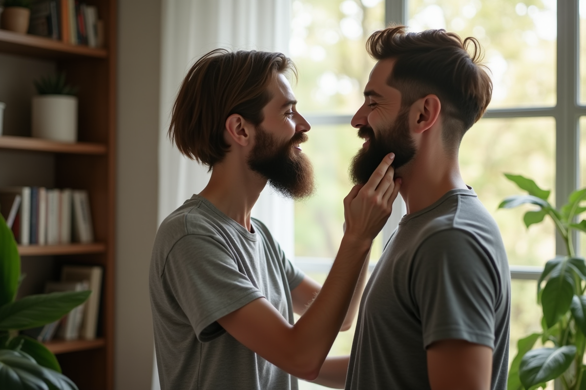 Femme aidant son partenaire à tailler sa barbe dans le salon