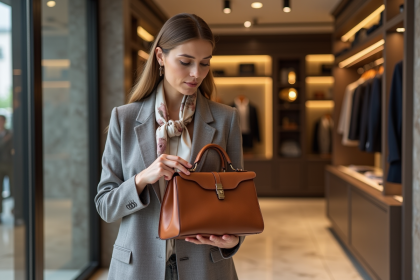 Femme &eacute;l&eacute;gante examinant un sac en cuir dans une boutique de luxe