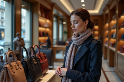 Femme &eacute;l&eacute;gante dans une boutique de luxe &agrave; Paris