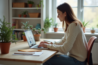 Femme utilisant un ordinateur dans un bureau moderne