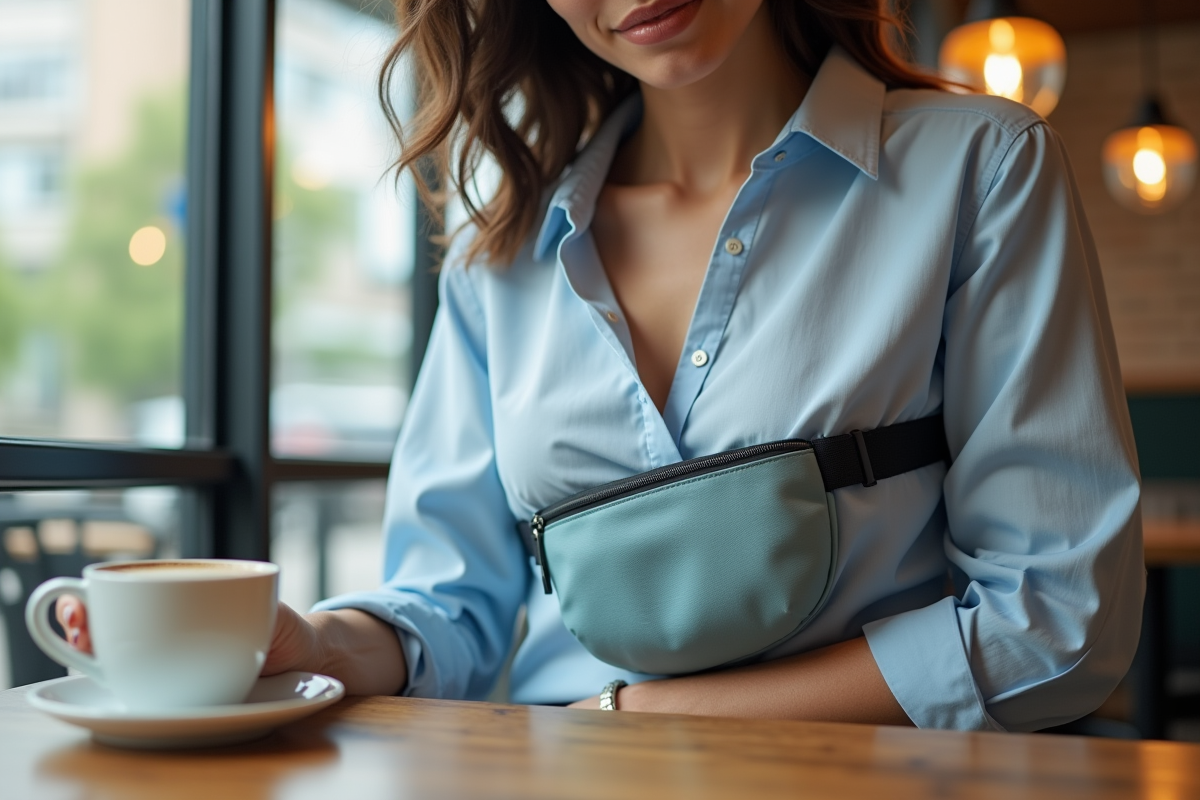 Femme au café portant un sac banane discret sous sa blouse