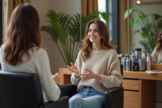 Femme parlant avec son coiffeur dans un salon moderne