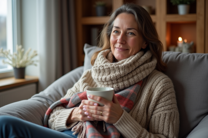 Femme assise dans un salon cosy avec laine et cachemire