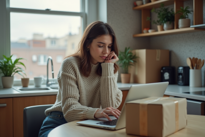 Jeune femme pensant &agrave; la livraison dans sa cuisine
