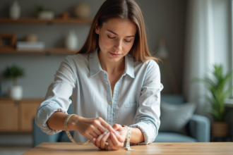 Jeune femme mesurant sa main avec un ruban dans un salon lumineux