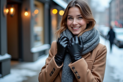 Femme &eacute;l&eacute;gante en manteau laine et gants en cuir dans la neige