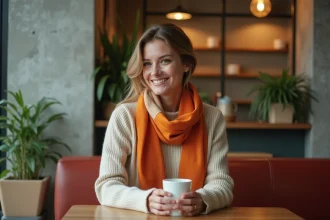 Femme portant un foulard colorblock Pantone 2025