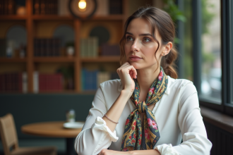 Femme élégante en blouse blanche et foulard coloré
