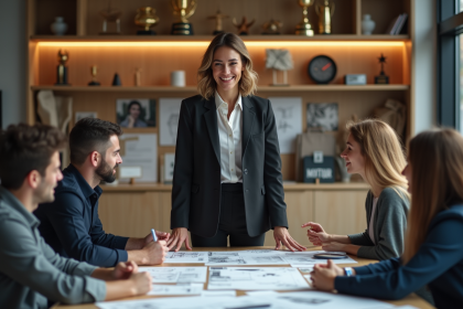 Femme confiante en sportwear discutant en bureau moderne