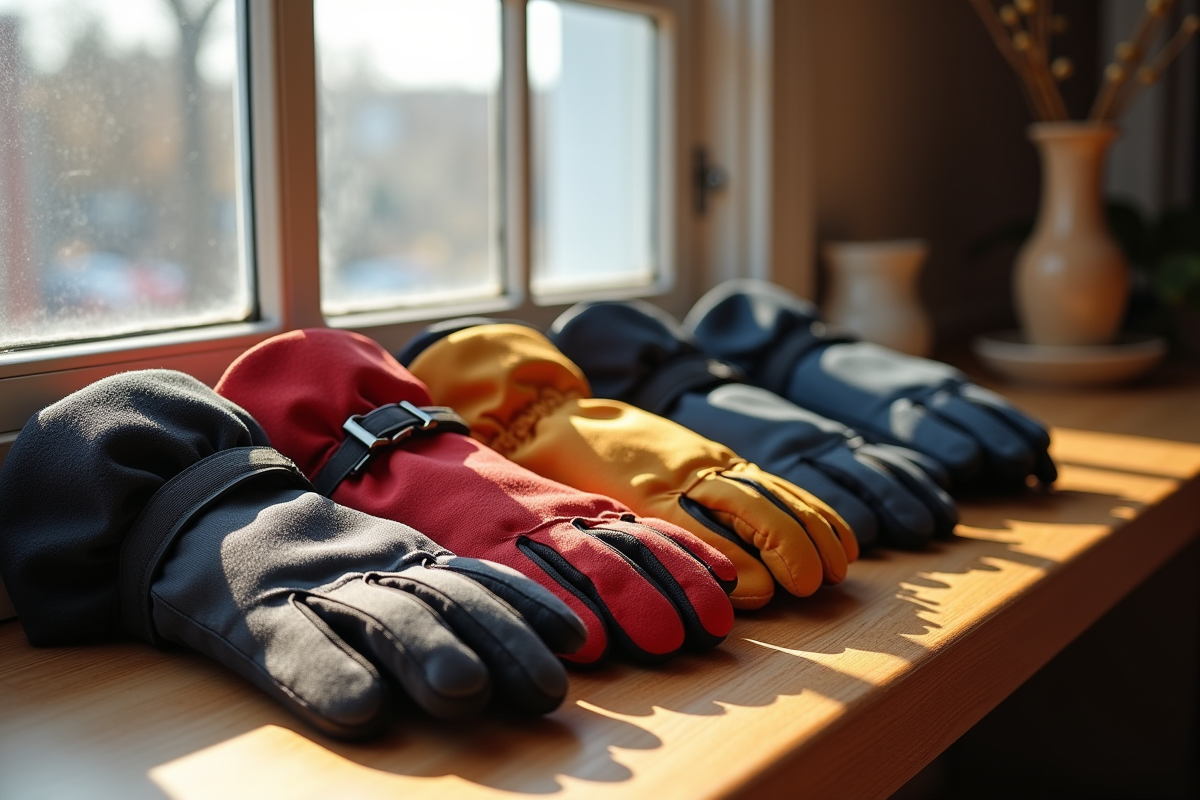 Gants d hiver de différentes textures sur une table en bois