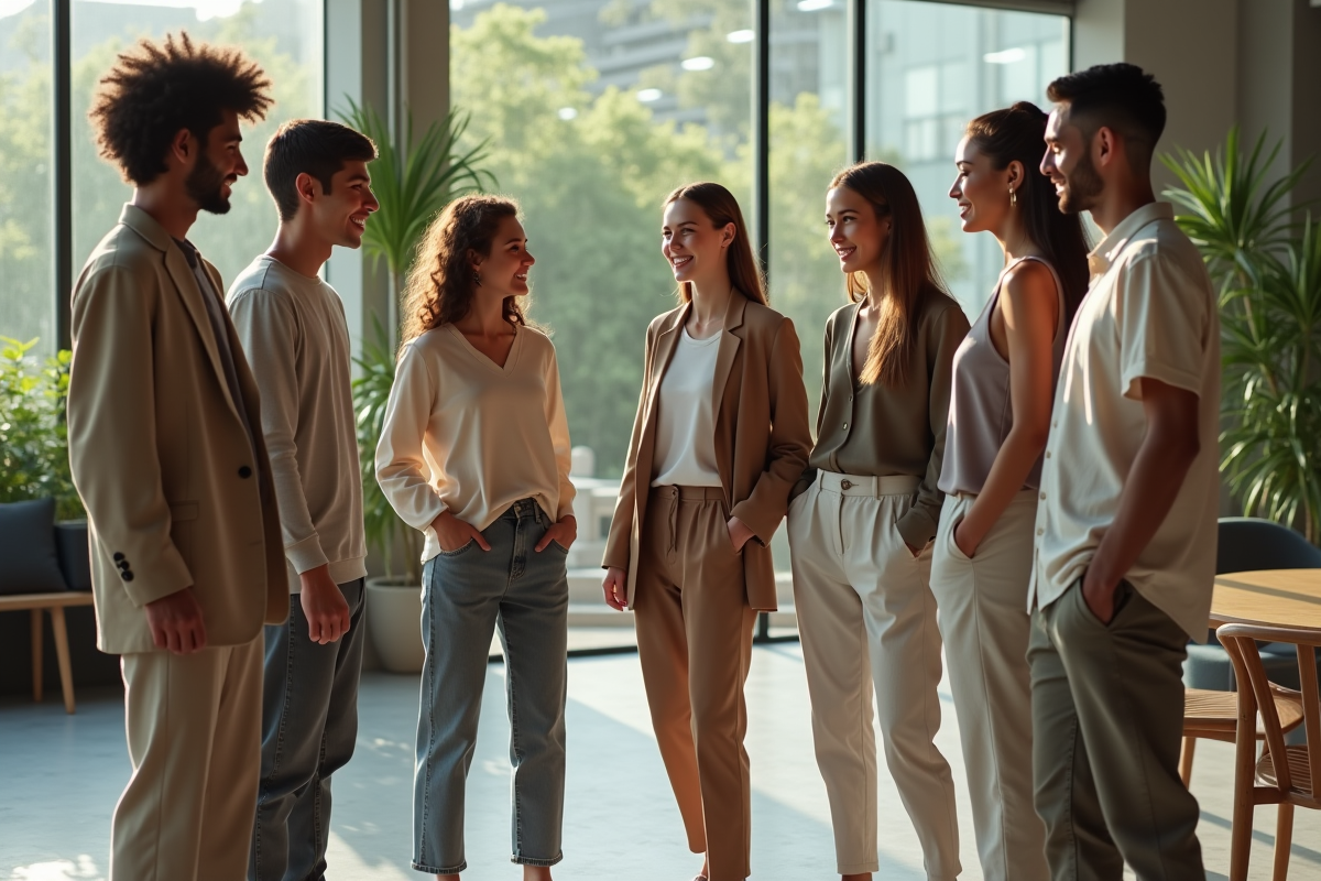 Groupe divers de jeunes modèles discutant dans un studio moderne