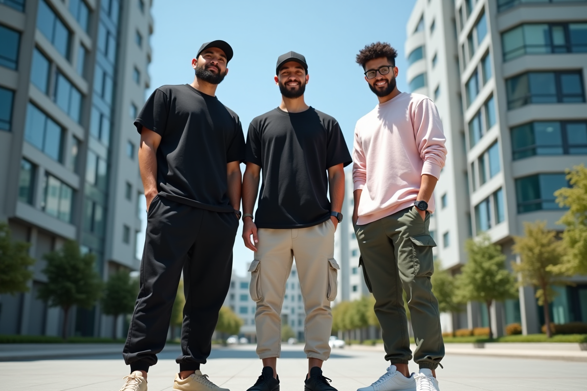 Trois amis devant un immeuble avec accessoires crypto et smartphone