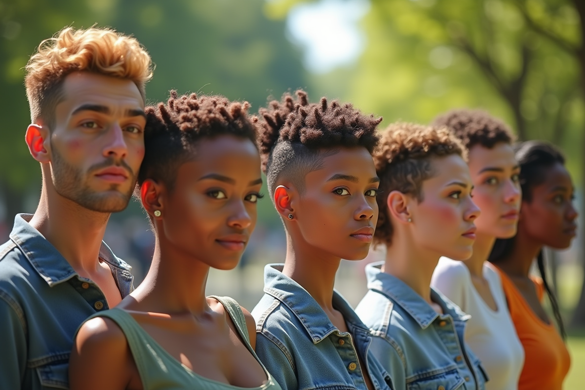 Groupe diversifié avec coiffures tendance en plein air dans un parc