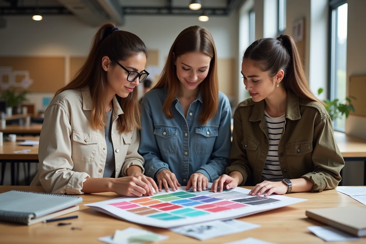 Groupe de professionnels examinant un nuancier Pantone 2025