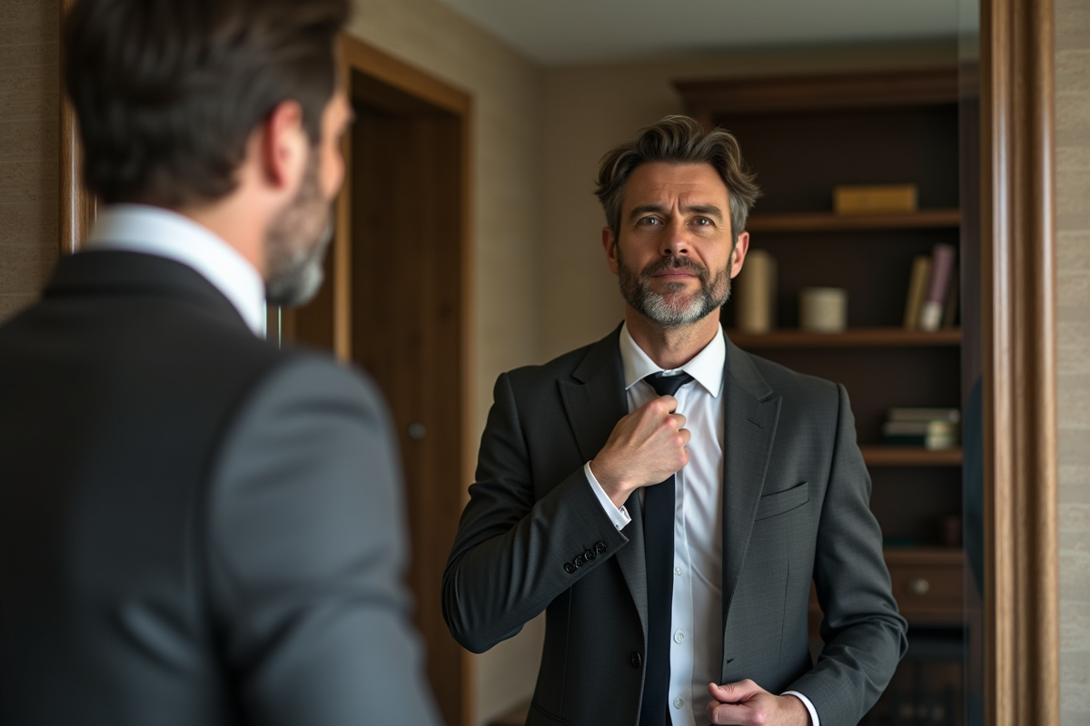 Homme ajustant sa cravate devant un miroir à la maison
