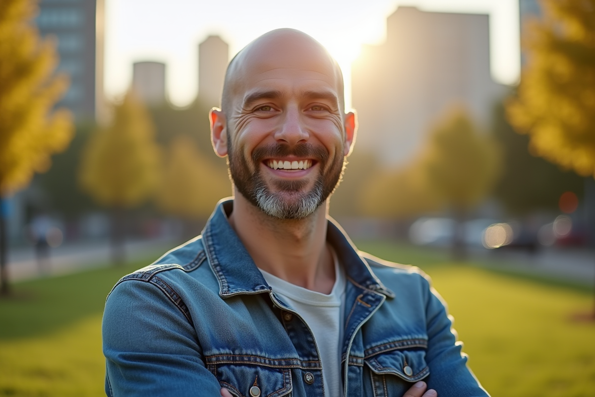 Homme chauve souriant dans un parc urbain ensoleille
