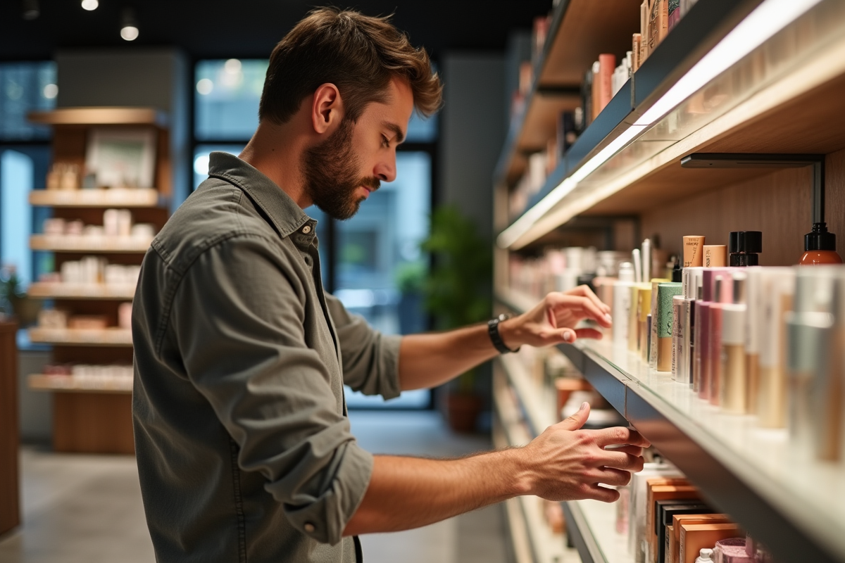 Homme regarde des produits cosmétiques en magasin moderne