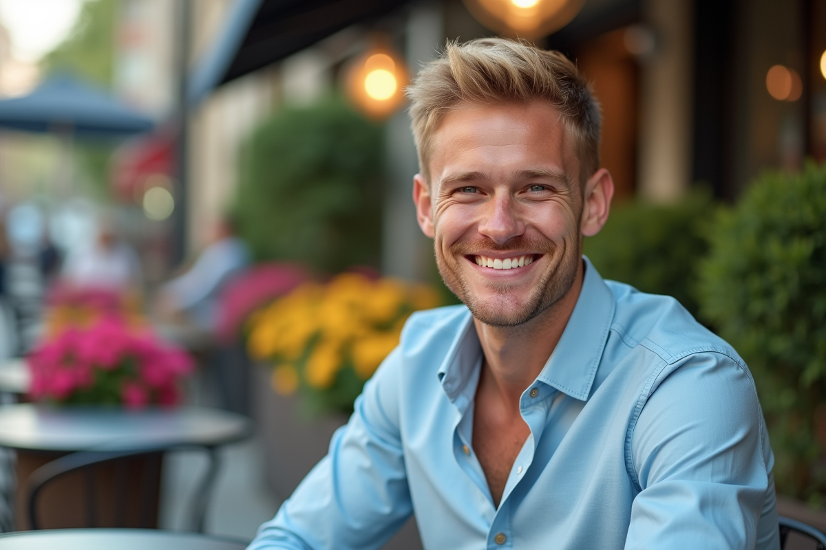 Homme souriant en ville assis à un café avec des fleurs