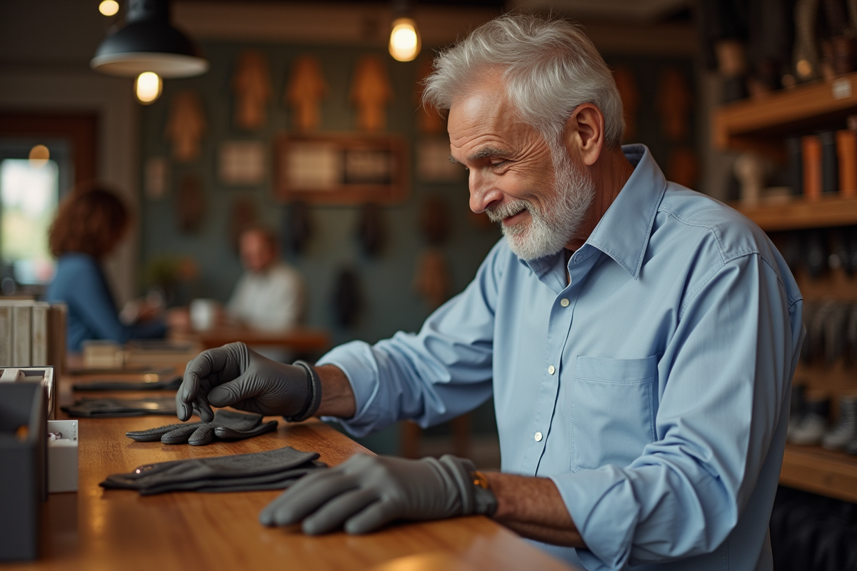 Homme âgé essayant des gants dans une boutique bien organisée