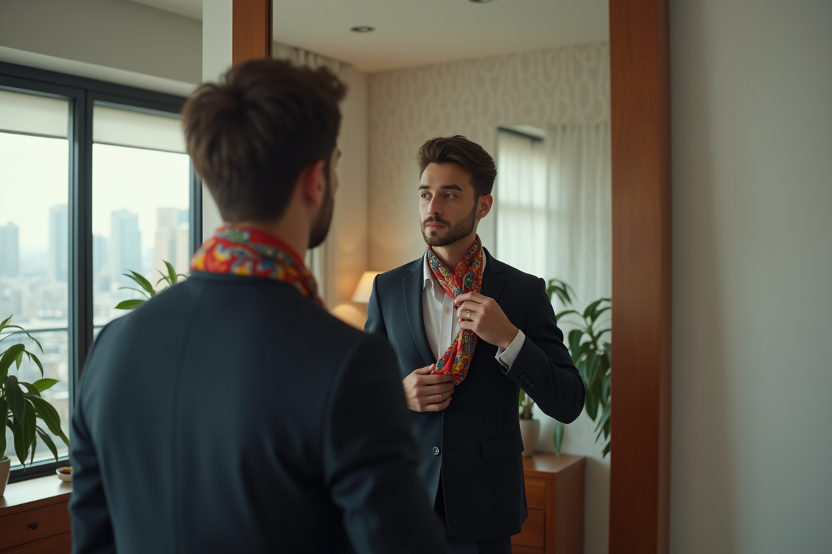 Jeune homme nouant une écharpe en intérieur moderne