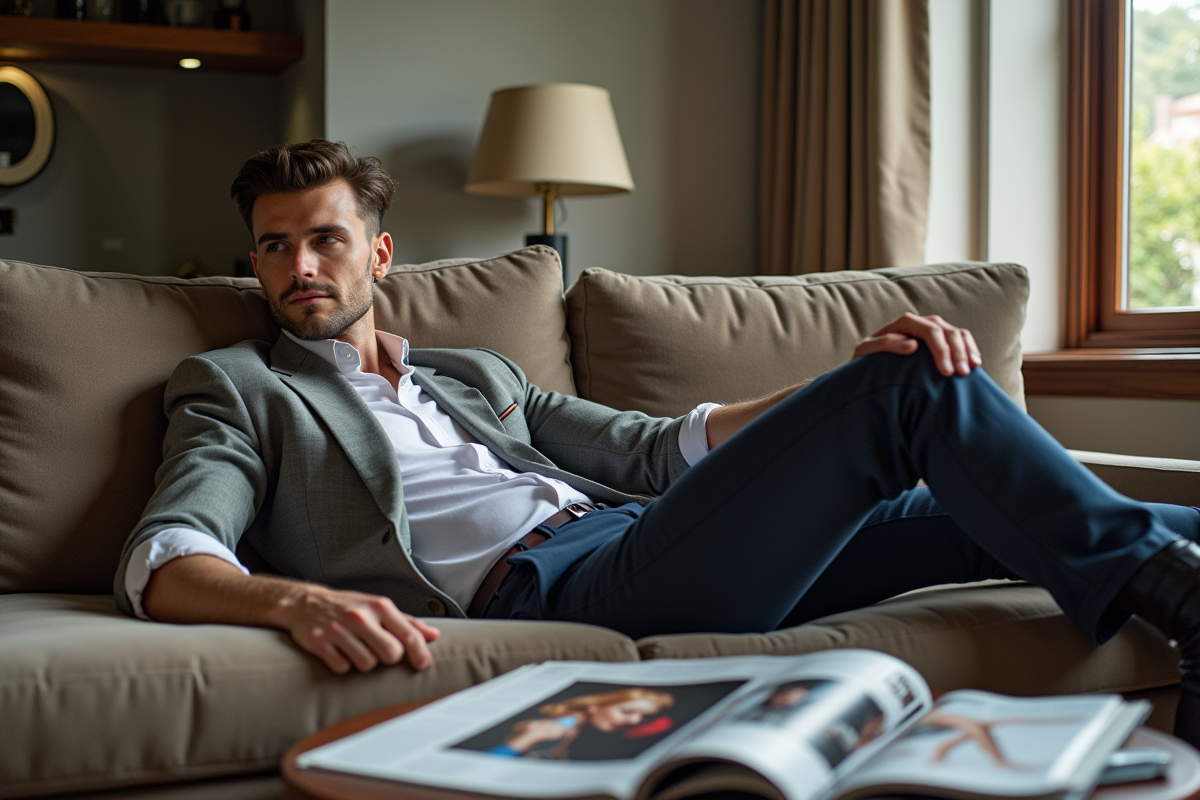 Homme détendu dans un salon avec magazines de mode ouverts