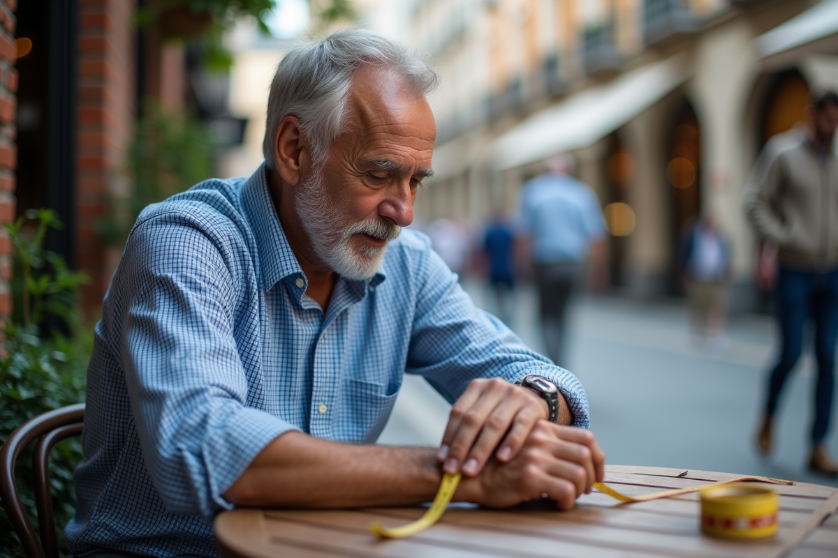 Homme âgé mesurant son poignet au café en extérieur