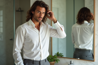 Homme élégant se coiffant devant un miroir moderne