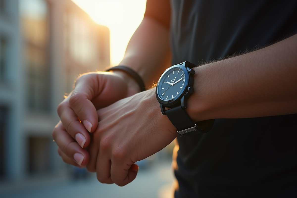 Homme ajustant une montre moderne avec ville en arrière-plan