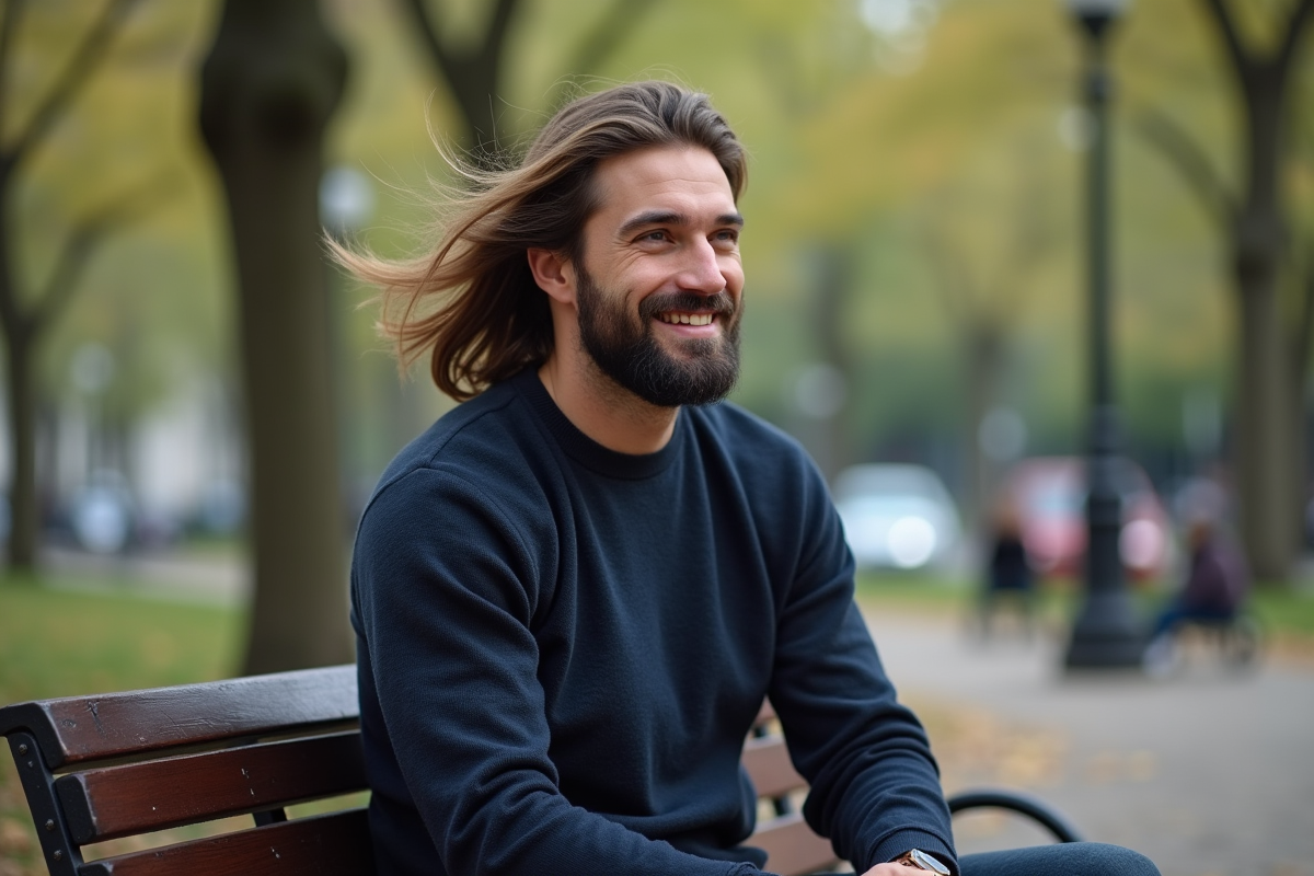 Homme barbu assis sur un banc dans un parc urbain