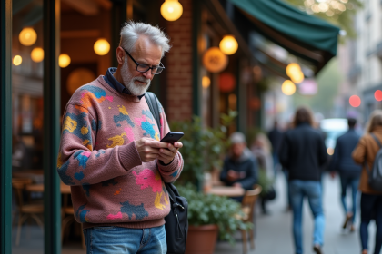 Homme en pull n&eacute;on et jeans d&eacute;lav&eacute;s devant un caf&eacute; urbain