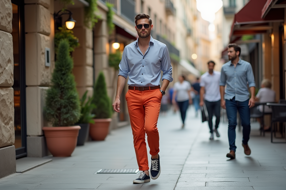 Homme en pantalon coloré marchant dans une rue urbaine animée