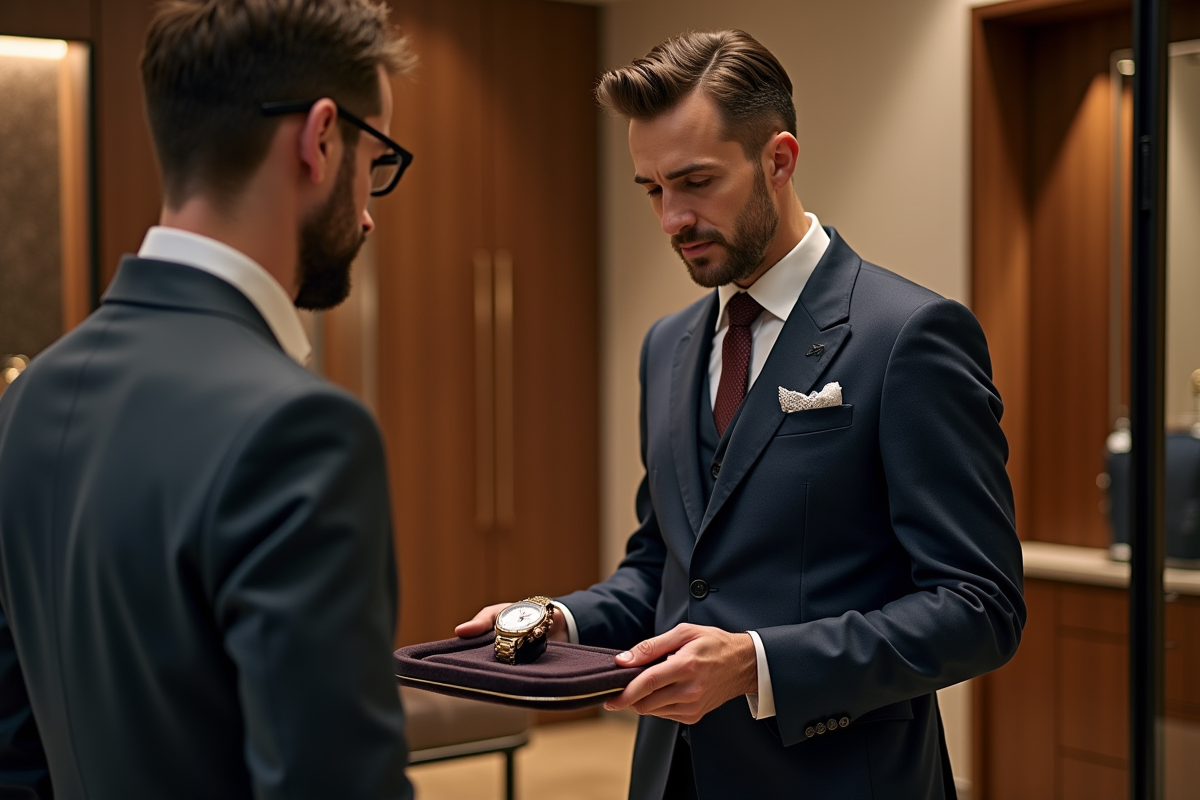 Vendeur présentant une montre haut de gamme à un couple chic
