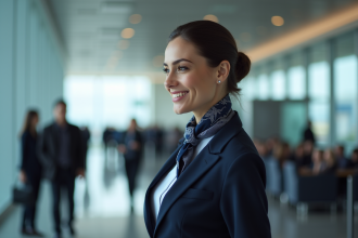 Hôtesse de l'air en uniforme bleu navy avec foulard élégant