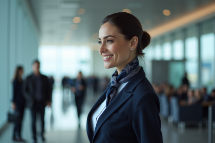 H&ocirc;tesse de l'air en uniforme bleu navy avec foulard &eacute;l&eacute;gant