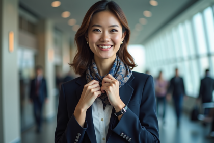 H&ocirc;tesse &eacute;l&eacute;gante ajustant un voile en mode professionnel