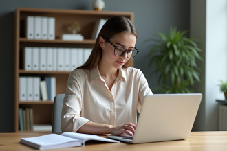 Jeune femme professionnelle travaillant sur un ordinateur dans un bureau moderne