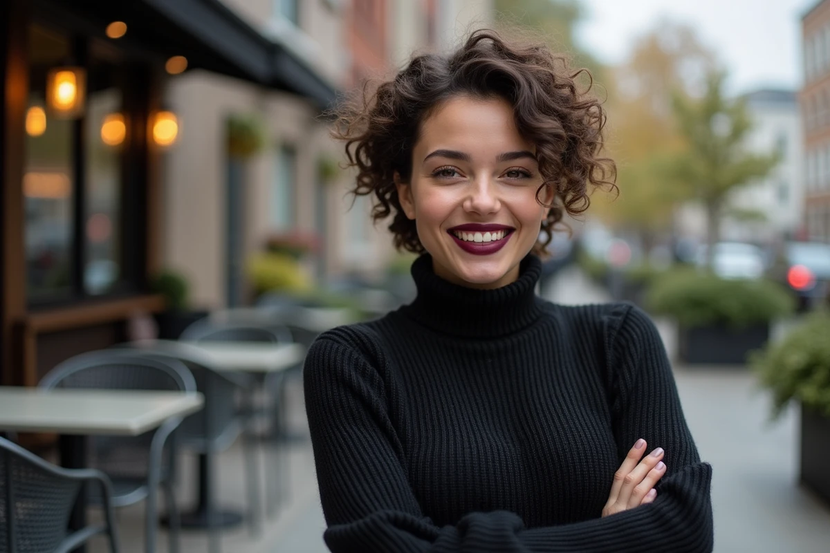 Jeune femme souriante avec rouge à lèvres foncé dans un café urbain