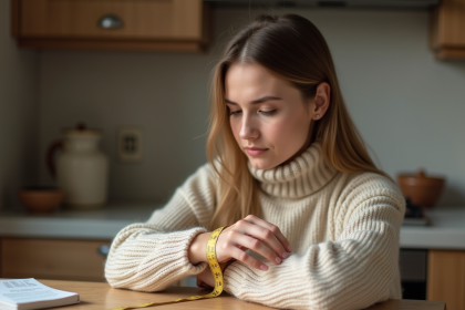 Jeune femme en sweater beige mesurant son poignet &agrave; la maison