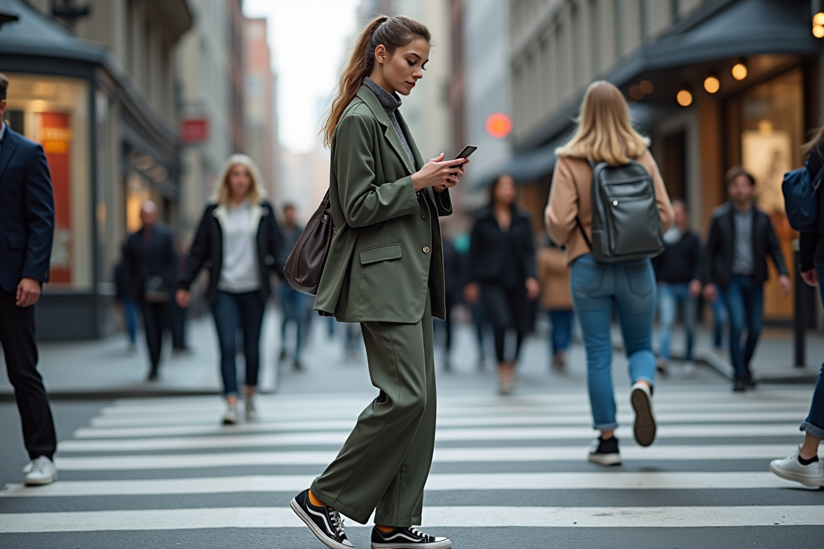 Jeune femme urbaine en mode contemporain dans la rue