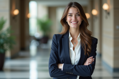Jeune femme en costume dans un bureau moderne